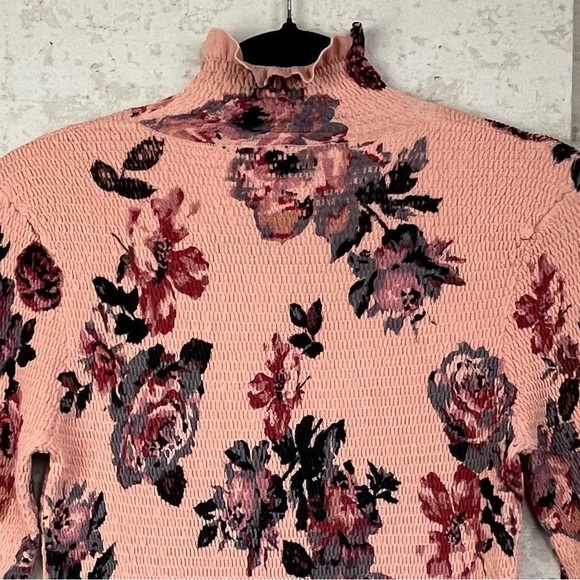 Zara Pink Floral Smocked Top Medium Boho Ruffled Mock Neck and Hem Cottagecore - Picture 9 of 15